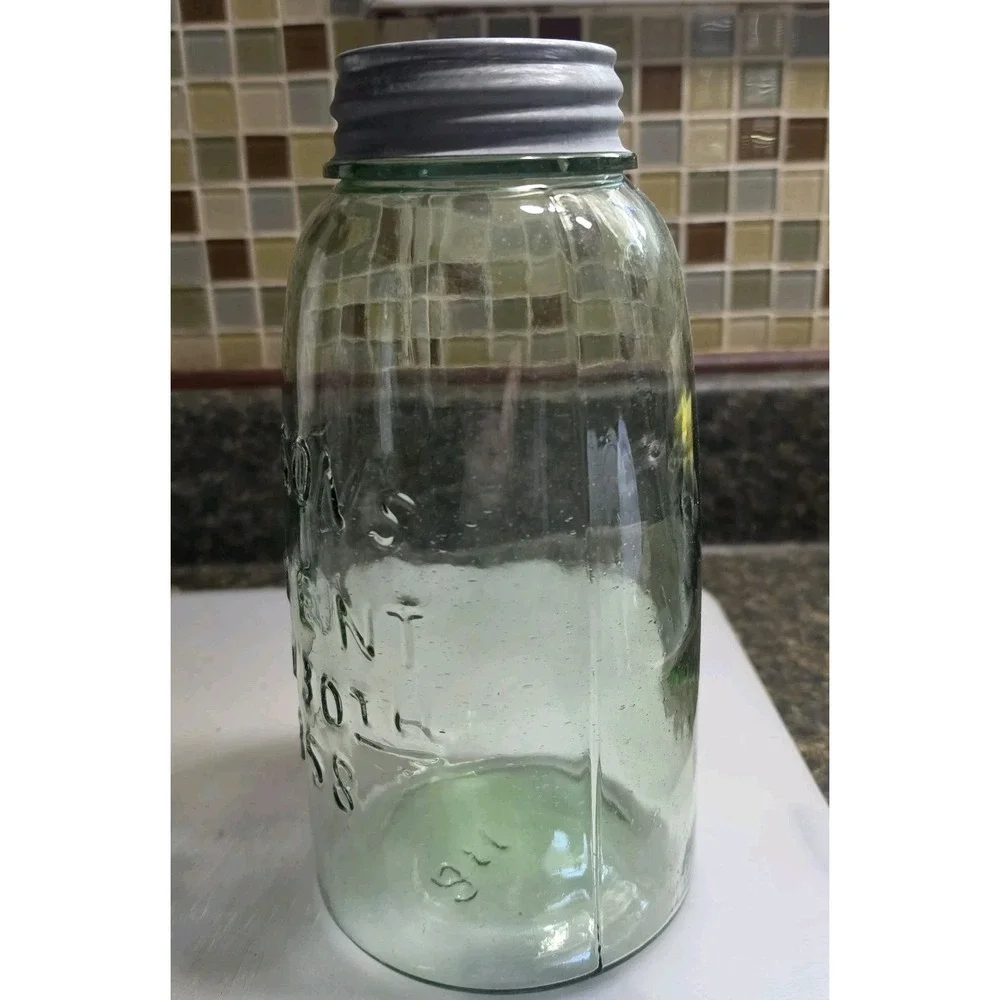 Mason's Patent Nov. 30th 1858 Light Green Fruit Jam Jar With Ball Lid 9.25